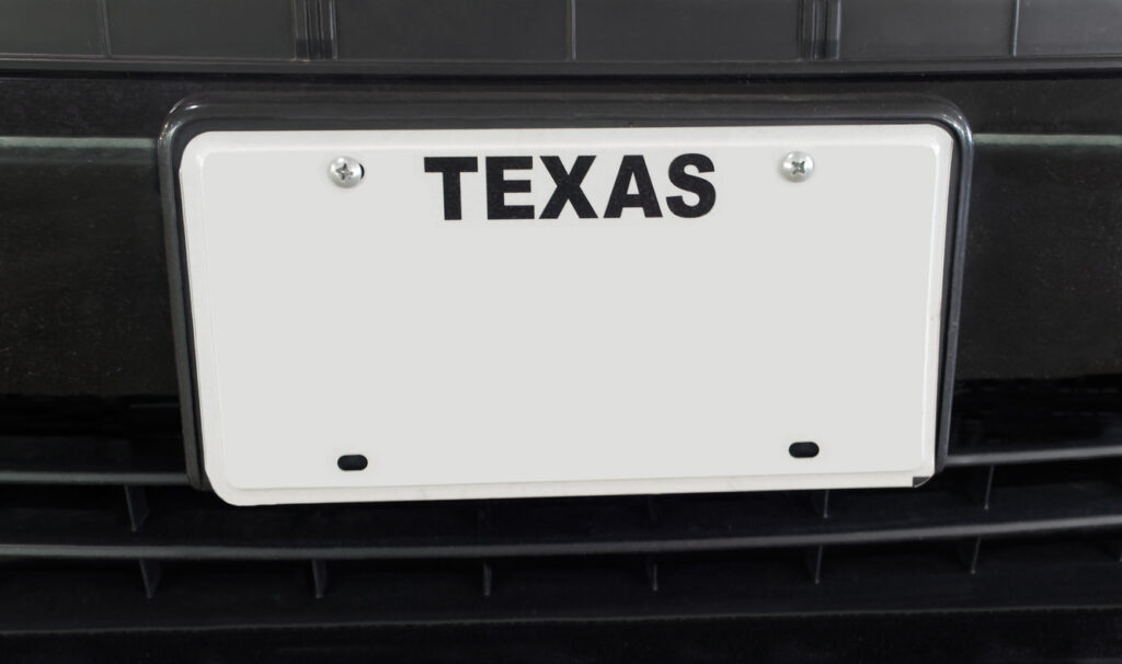 Empty Texas license plate on a car